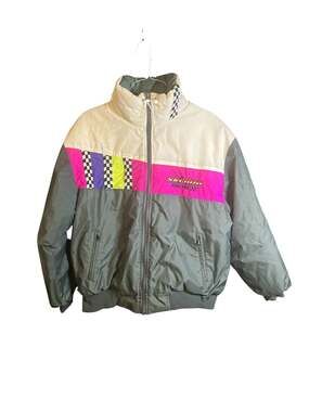 Vtg 90s Ski-Doo Bombardier Snowmobile Racing Jacket Colorblock Neon Checkered